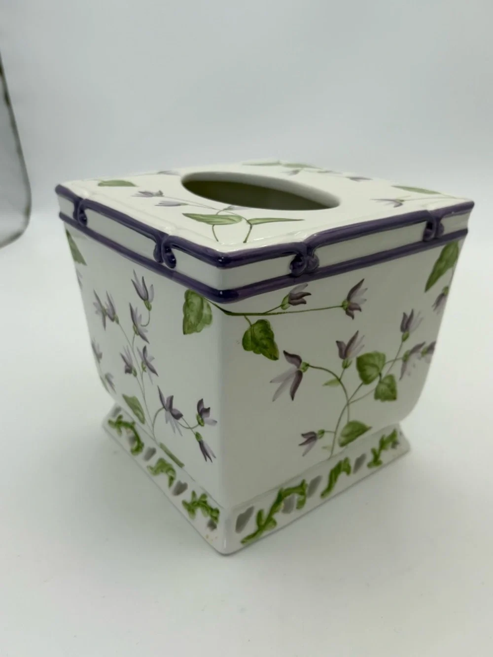 Veratex Violets Floral Ceramic Tissue Box Cover in White with Purple Trim